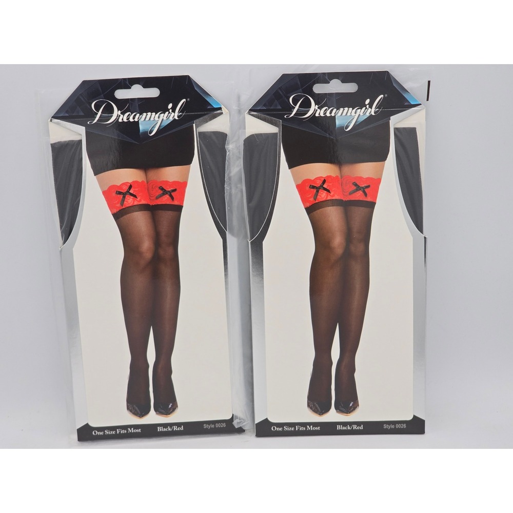 Dreamgirl Thigh High Stockings Womens OSFM Black Red Contrast Lace Bows -New‎
